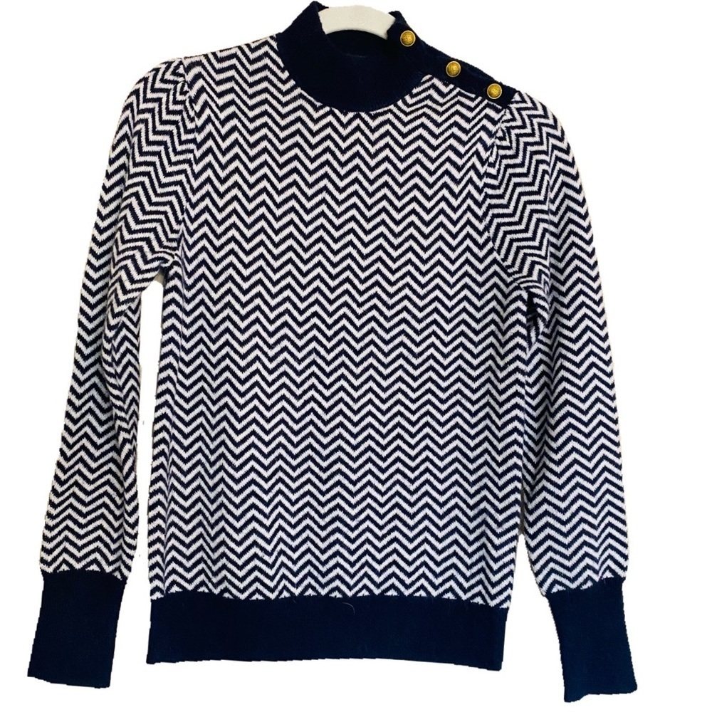 J Crew ALPACA Blend Knit  Sweater Chevron Blue White Sz XS Nautical Marine Warm